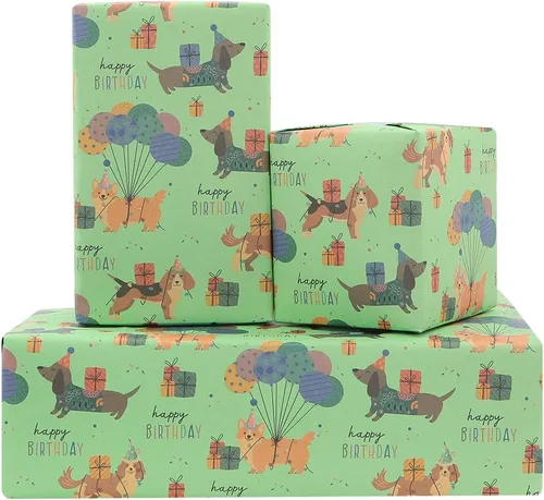 Apol Papel de regalo de feliz cumpleaños, papel de regalo para cachorros, 4 hojas plegadas, papel de estraza para niños, niñas, mujeres, hombres,