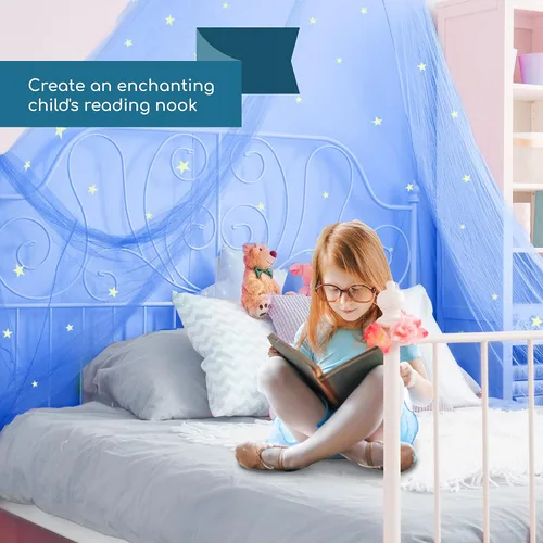 Miniatura 8 de Bollepo Toldo de cama azul y morado para niñas con unicornios + estrellas brillantes, decoración de habitación de red de cuna de princesa, cortinas