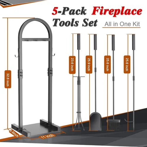 Miniatura 3 de FUQUN Juego de herramientas para chimenea, 5 piezas de póquer resistente con soporte, accesorios de hierro forjado para estufa de leña