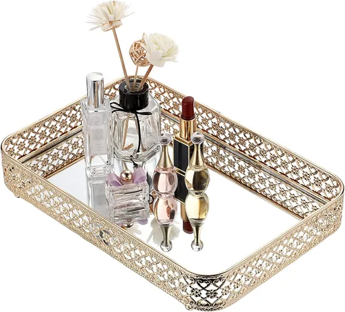 Miniatura 11 de ELLDOO Bandeja Dorada para Perfumes y Maquillaje - Almacenamiento de Joyas con Tallado Hueco, Organizador de Baratijas de Cristal y Metal para Dorado