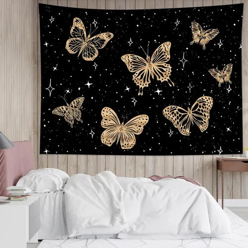 Miniatura 11 de LB Tapiz de mariposa colorido para colgar en la pared, diseño de mariposas de insectos sobre fondo negro, tapiz hippie de fantasía para dormitorio