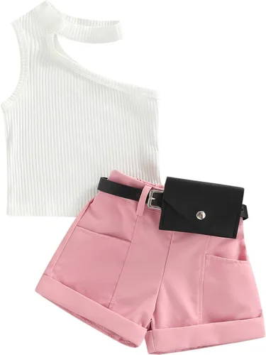 Miniatura 28 de Adobabirl Conjunto de ropa de verano para niña pequeña, sin mangas, acanalada, top halter y pantalones cortos, ropa de moda para niños con cinturón