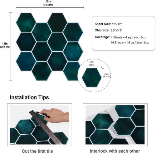 Miniatura 8 de CRE8TIVE 4 hojas de azulejos para despegar y pegar en muro para cocina, azulejos hexagonales de 12 x 12 pulgadas, color verde esmeralda