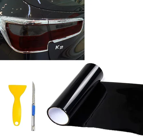 Rollo de película de vinilo tintado negro oscuro de 12" X 48" para faros de coche, luces traseras, luces antiniebla con espátula + cortador (negro