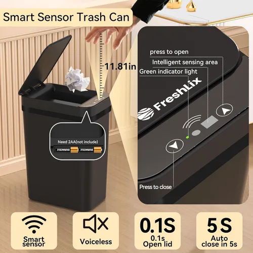 Miniatura 3 de FRESHLIX Paquete de 3 cubetas de basura para baño 2.6 galones, cubetas de basura automáticas delgadas sin contacto con sensor de movimiento, cubetas