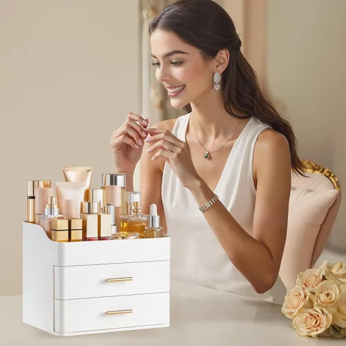 Miniatura 5 de HBlife Organizador de maquillaje para tocador con 2 cajones, organizador grande de cosméticos para encimera de baño, almacenamiento para el cuidado