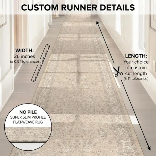 Miniatura 4 de Well Woven Alfombra de Pasillo y Escalera de Tamaño Personalizado - Asha Rome Beige Crema 26 Pulgadas de Ancho x 2 Pies de Largo Alfombra