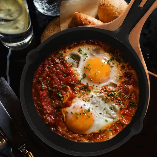 Miniatura 9 de Sartén antiadherente de hierro fundido grueso con mango y tabla de madera, sartén de cocina para el hogar para huevos, panqueques, pizza y carne