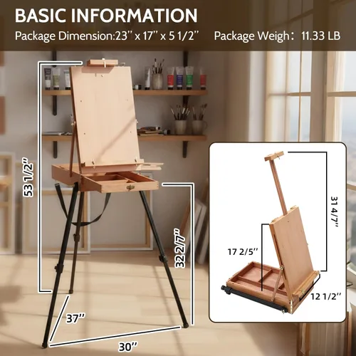 Miniatura 2 de Falling in Art - Caballete de campo y boceto estilo francés ligero con trípode de aluminio, caballete de pie de madera de haya ajustable con cajón