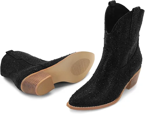 Miniatura 5 de SOVANYOU - Botas de cowboy con tachuelas para mujer, puntera en forma de almendra, tacón de bloque brillante, botas de vaquera con tachuelas