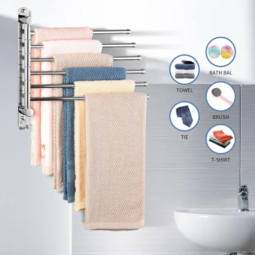 Miniatura 6 de Toallero giratorio, barra para toallas con montaje en pared y rotación de 180°, colgador de toallas de 6 brazos de acero inoxidable SUS 304, ahorro