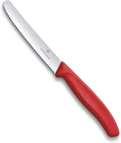 Victorinox 6.7831 Cuchillo Suizo Clásico para Tomate y Mesa Ideal para Cortar Frutas y Verduras con Piel Suave, Hoja Dentada en Rojo, 4.3 pulgadas