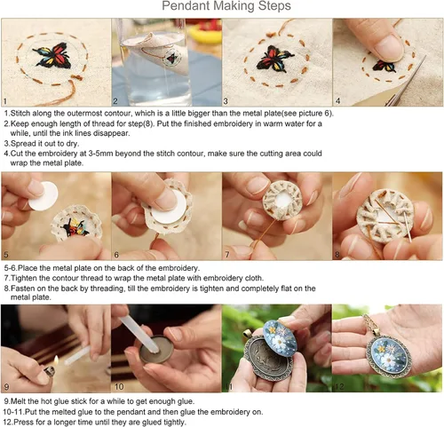 Miniatura 7 de ZOCONE 4 Paquetes de Kits de Collar de Bordado, Kit de Colgante de Bordado Mini Kit de Punto de Cruz con 4 Aros, Collar, Colgante, Tela