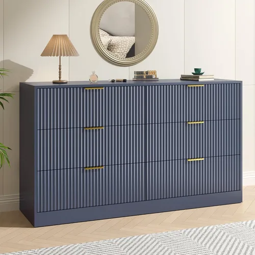 Miniatura 14 de Cómoda negra con 7 cajones, cómoda acanalada de 55 pulgadas de ancho para dormitorio con mango de metal, cómoda, soporte de TV de madera para Negro