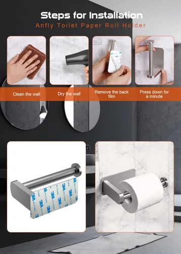 Miniatura 5 de Anfly Soporte de papel higiénico para caravana, soporte de papel higiénico adhesivo de níquel cepillado con 2 ganchos para colgar para cámper, baño