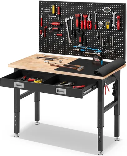 Miniatura 12 de ENJOYWOOD Mesa de trabajo para garaje de 60 pulgadas Banco de trabajo con almacenamiento Altura ajustable Tablero de madera de goma Banco de trabajo