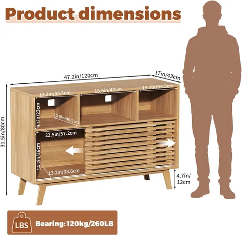 Miniatura 2 de Soporte grande para tocadiscos de 47 pulgadas con puertas corredizas, moderno gabinete de almacenamiento de discos de vinilo de mediados de siglo
