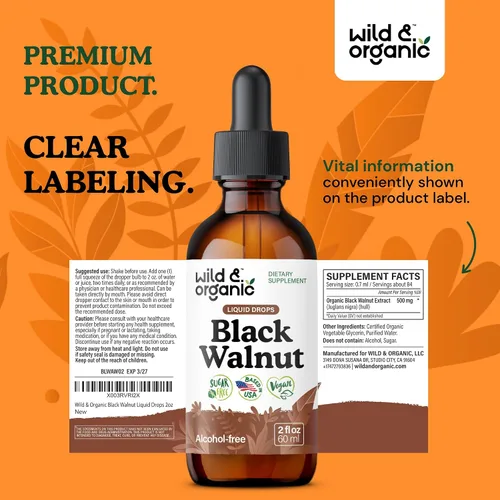 Miniatura 9 de Wild & Organic Tintura de Nuez Negra - Limpieza Desintoxicante con Extracto de Cáscara de Nuez Negra - Suplemento Herbal para Desintoxicación