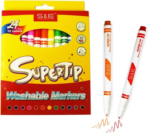 S & E TEACHER'S EDITION Juego de 24 marcadores para colorear, marcadores lavables de punta fina, dibujo de colores súper puntas en 12 colores