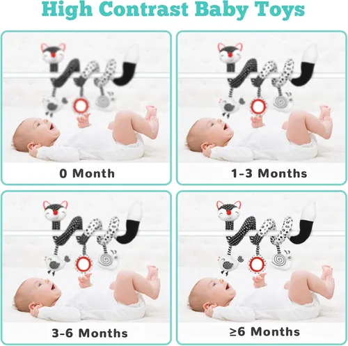 Miniatura 4 de XIXILAND Juguetes de asiento de coche en blanco y negro y sonajeros de bebé de alto contraste de 0 a 6 meses, juguetes para recién nacidos, juguetes