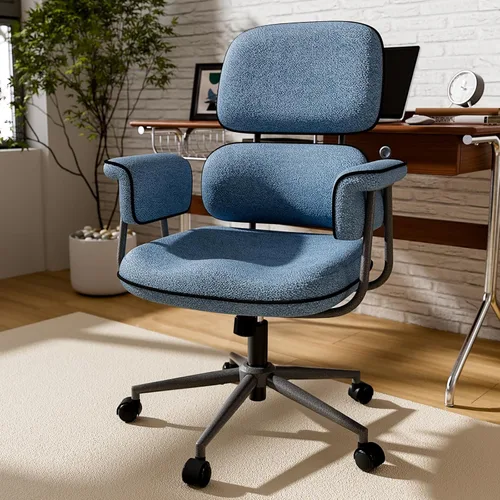 HomeZeer Silla de oficina azul con cojín de espuma viscoelástica, silla de oficina de tela con ruedas y brazos, silla de escritorio moderna de
