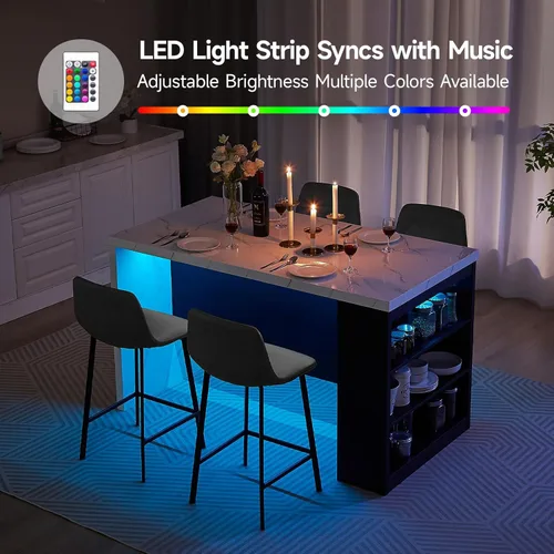 Miniatura 5 de ONBRILL Mesa completa de mesa de isla de cocina de 61 x 31 pulgadas con espacio de almacenamiento, toma de corriente y luces LED, mesa de comedor
