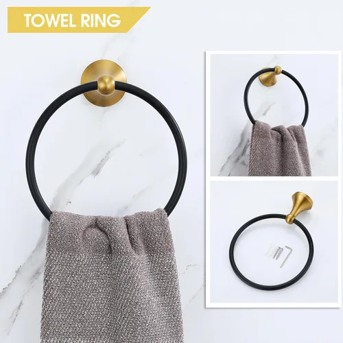 Miniatura 4 de Juego de Herrajes de Baño Dorado Cepillado y Negro, Kit de Accesorios de Baño Negro y Dorado de 4 Piezas de Acero Inoxidable Barra de Toalla de 23.6