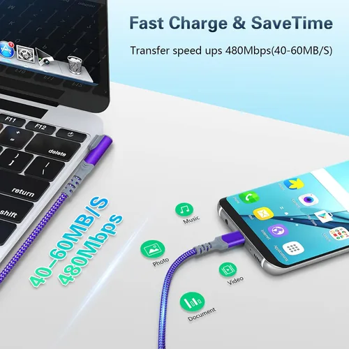 Miniatura 4 de Paquete de 5 cables USB C a USB C de 10 pies en ángulo recto USB C extra largo de 60 W/3A tipo C a tipo C, cable de carga rápida compatible