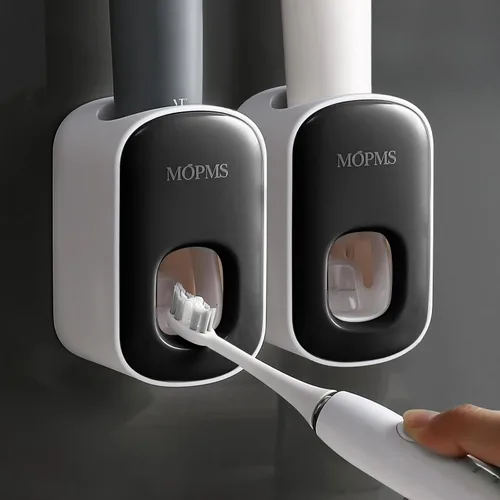 MOPMS Dispensador de pasta de dientes montado en la pared para baño, exprimidor automático de pasta de dientes para niños y adultos (negro, 2