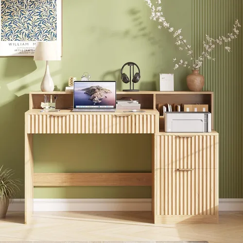 Miniatura 7 de Vabches Fluted Computer Desk with Power Outlets, Home Office Desk with Drawers, Printer Stand, Wood Computer Desk with Long Monitor Stand, Oak