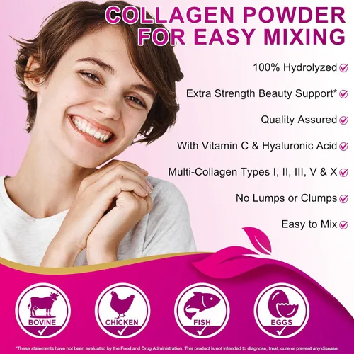 Miniatura 3 de Polvo de péptidos de colágeno múltiple - Tipos I, II, III, V, X - Alimentado con pasto, criado en pastos - Apoya la piel, el cabello, las uñas