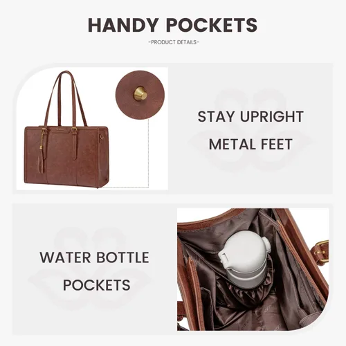 Miniatura 4 de LOVEVOOK Bolsa de mano para laptop para mujer, bolsa de trabajo vintage de 15.6 pulgadas con embrague, bolso grande de cuero para laptop con soporte
