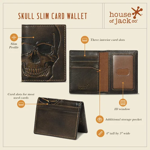 Miniatura 4 de HoJ Co. SKULL - Cartera delgada para tarjetas Funda plegable Cartera minimalista de bolsillo frontal Cuero de grano completo con acabado bruñido