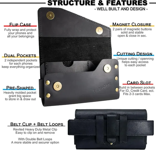 Miniatura 4 de Funda de cuero doble para teléfono para dos teléfonos, funda de teléfono doble para hombre, cinturón con clip para cinturón para iPhone 16 Pro Max