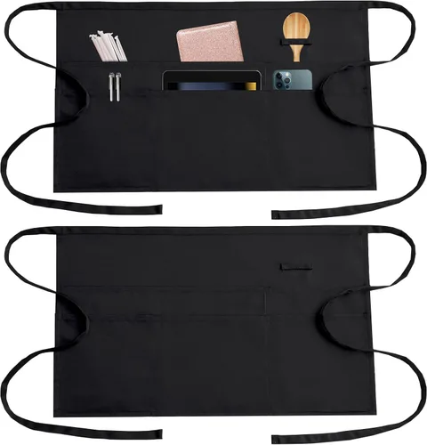 Delantales de servidor negros con 6 bolsillos, delantal de cintura para camarero unisex, peluquero y limpiador