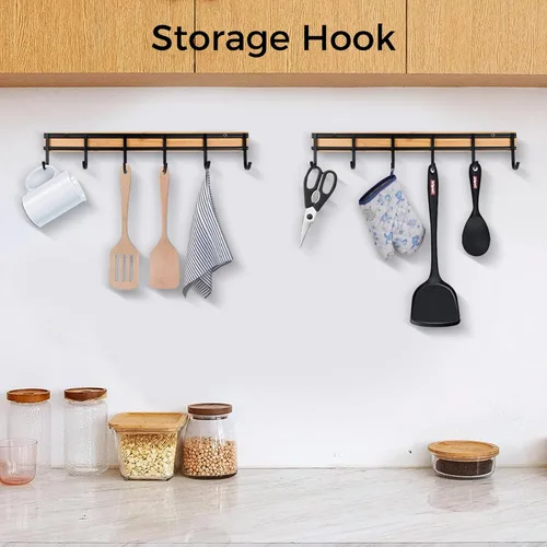 Miniatura 2 de Colgador de utensilios de cocina, organizador de estante con 6 ganchos, juego de 2 colgadores de pared para utensilios, gancho de pared resistente