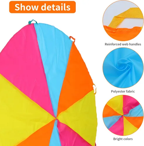 Miniatura 3 de Paracaídas arcoíris de 6 pies, juguete de paracaídas para niños, paracaídas con asas, equipo de juego para interiores y exteriores