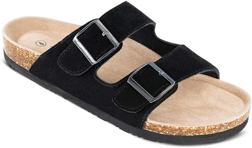 TF STAR Sandalias de cuero de vaca para hombre, hebilla ajustable de 2 correas, pantuflas informales, plantilla de corcho deslizante