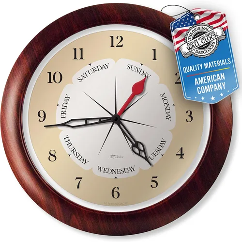 Reloj de pared de hora y día de la semana con marco de acento de nogal de 13.5 pulgadas, regalo de jubilación ideal para hombres y mujeres, reloj de