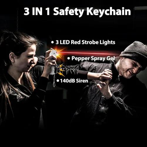 Miniatura 2 de Alarma de seguridad personal 3 en 1 con espray de pimienta, gel de soplado anti viento de 12 pies, tinte de marcado UV, sirena de 140 dB, 3 luces