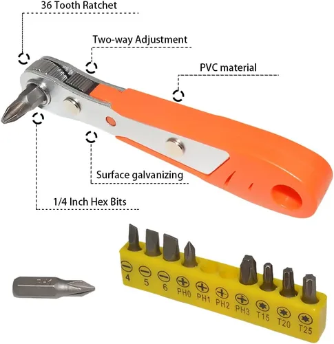 Miniatura 3 de Juego de 12 mini llaves de trinquete de 1/4 de pulgada de ángulo recto de acero de 36 dientes, mango reversible de 90 grados con juego de puntas
