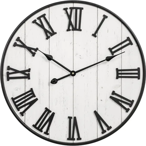 Miniatura 11 de Reloj de pared grande de granja, reloj de pared de madera rústica de 24 pulgadas decorativo con círculo de metal y números grabados, funciona
