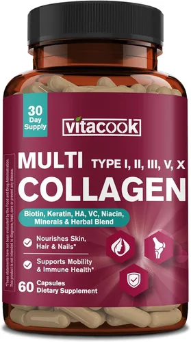 Péptidos de colágeno múltiple para mujeres y hombres, hidrolizados, tipos I, II, III, V, X, biotina, queratina, ácido hialurónico, VC, zinc, selenio