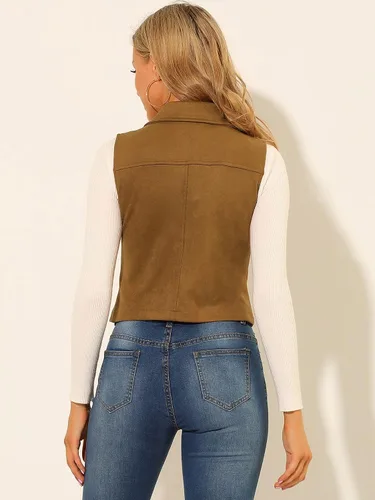 Miniatura 5 de Allegra K Chaleco de gamuza sintética para mujer, chaqueta casual sin mangas