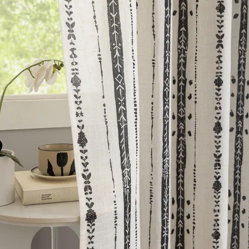 Miniatura 9 de Juego de 2 paneles de cortinas de lino bohemio, cortinas de semi privacidad para sala de estar, cortinas rústicas de campo de 54 pulgadas de largo