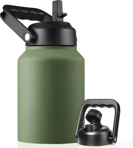 Miniatura 7 de EALGRO Botella de Agua Aislada de Medio Galón Jarra con Pajilla, 64 oz Frasco de Agua Deportivo de Metal de Acero Inoxidable Grande con Asa, Taza