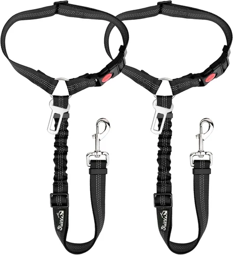 SlowTon Cinturón de seguridad para perro para automóvil, paquete de 2 cinturones de seguridad ajustables con amortiguador elástico elástico, 2 en 1,