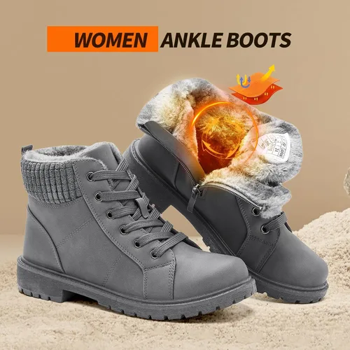 Miniatura 2 de Uoidru Botas de combate para mujer, botines de tobillo negro, botas de nieve de invierno, botas blancas con cordones, cómodas botas peludas