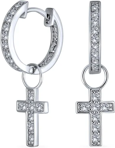 Pendientes de aro con circonita cúbica, diseño de cruz y comunión con diseño de Kpop Huggie, con circonitas cúbicas extraíbles, 2 en 1, chapados en