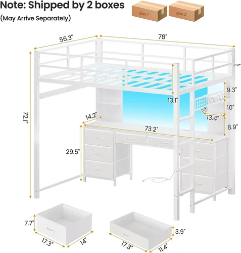 Miniatura 2 de ADORNEVE Cama tipo loft de tamaño completo con escritorio y 8 cajones de almacenamiento, camas loft de metal completas con luces LED y estación